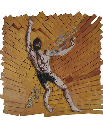 Male acrobat falling through a 3D background of broken wood